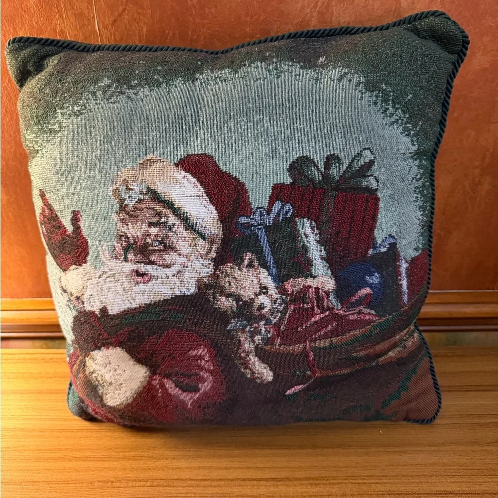 VTG Christmas Tapestry Throw Pillow Santa and His Bag Of Presents Double Sided